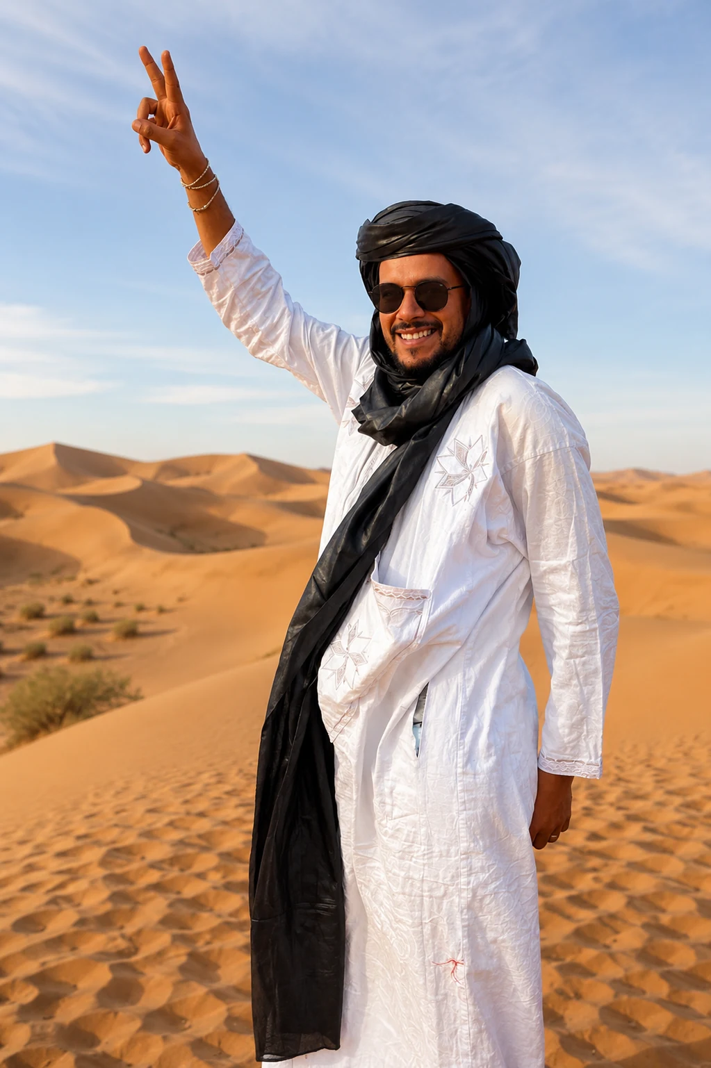 Oualid, co-founder of Arabian Nights Desert Camp, in a white robe and black turban on the dunes of Erg Chebbi